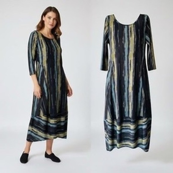 Kozan Dresses & Skirts - Kozan Abstract Stripe Tulip Hem Midi Dress Black Blue Chartreuse XS Lagenlook